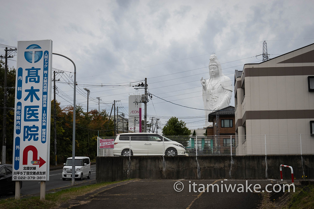 町の隙間から見える仙台大観音