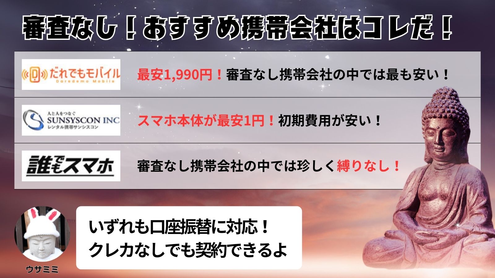 審査なし携帯会社でおすすめの会社はだれでもモバイル・サンシスコン・誰でもスマホの3社